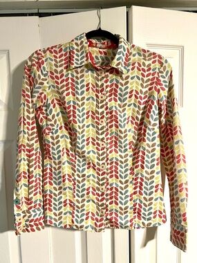 Boden Button Down with Pink, Robin’s Egg Blue, Bright Green and Taupe Leaf Print